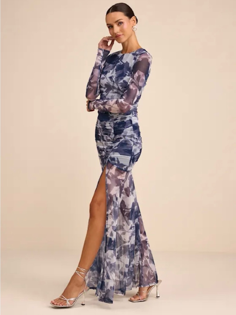 Vibrant Poise Blue Floral Print Mesh Ruched Maxi Dress